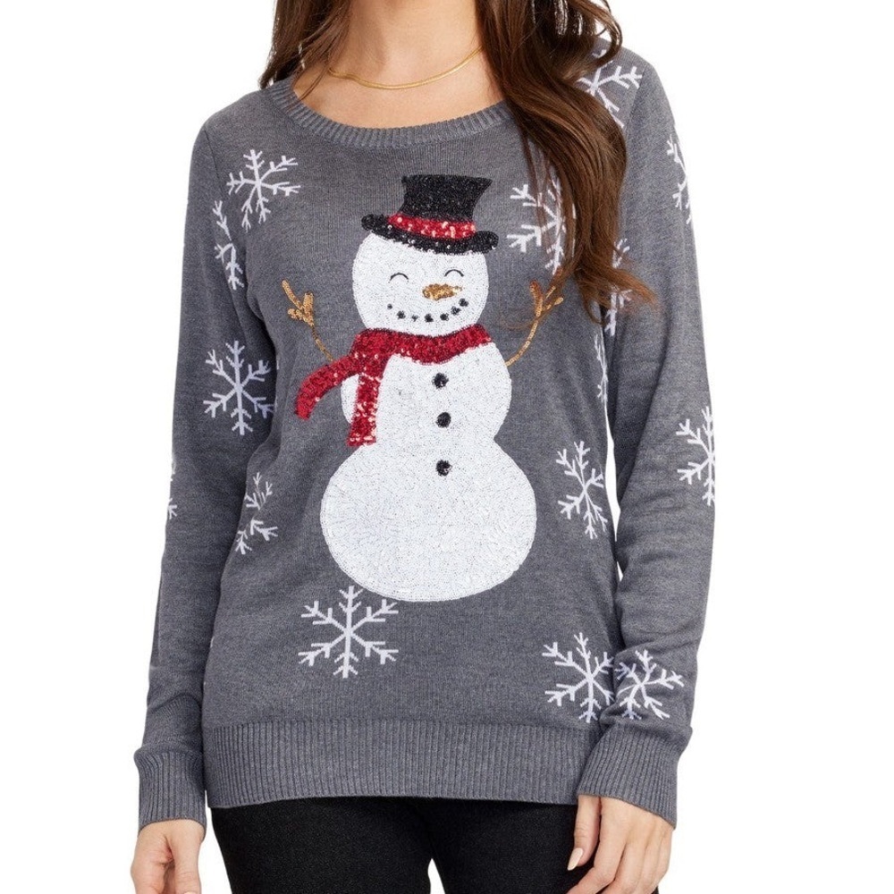 Tipsy Elves Sequin Snow Day Snowman Ugly Christmas Sweater Gray Size XS